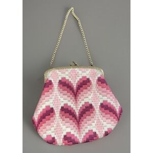 RARE Hand Stiched Purse  Kiss Twist Closure Pink & White Short Chain Handbag